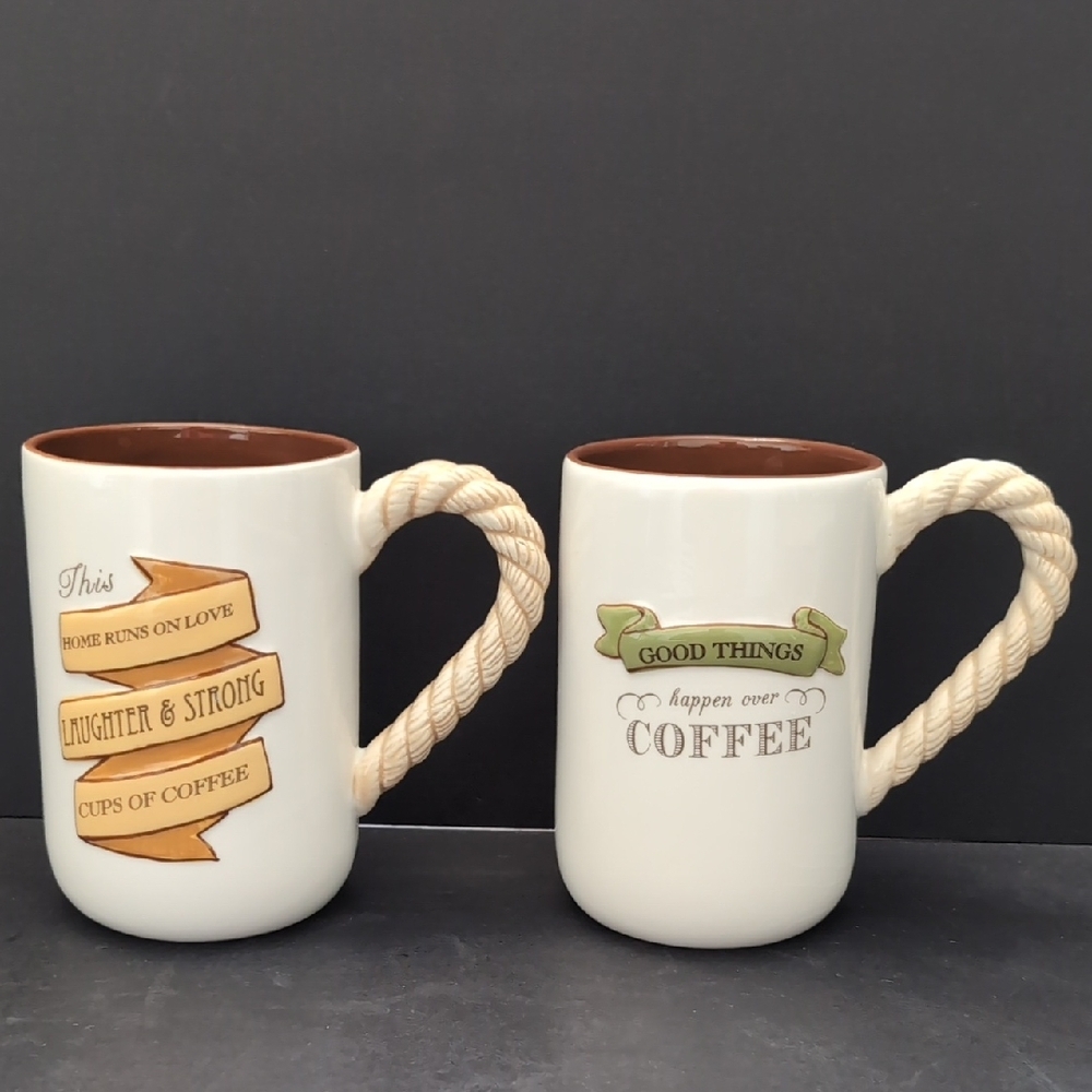 Grasslands Road set of 2 White/Brown Ceramic Personality Coffee Mugs .